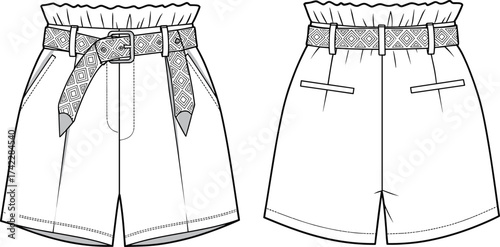 cad drawing flat vector illustration, paper bag waist shorts fashion design, belted women’s summer casual bottomwear technical sketch