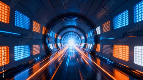 Futuristic tunnel with vibrant blue and orange LED lights, creating a dynamic sense of motion and advanced technology.