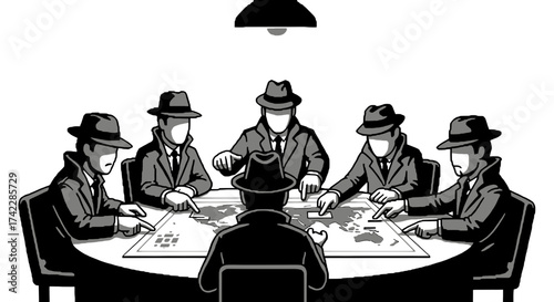 Group of detectives in trench coats around a table with a map.