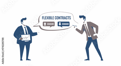 Business professionals discussing flexible contracts and market demand.