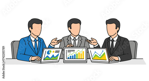 Business team meeting discussing financial data on laptops.