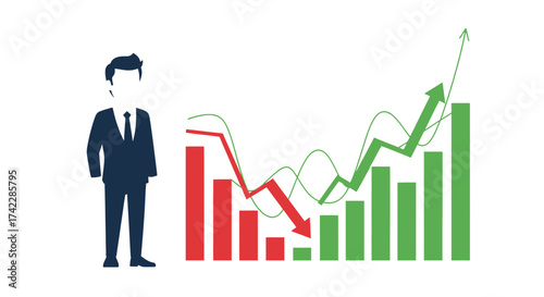 Business man with graph showing financial growth and decline.