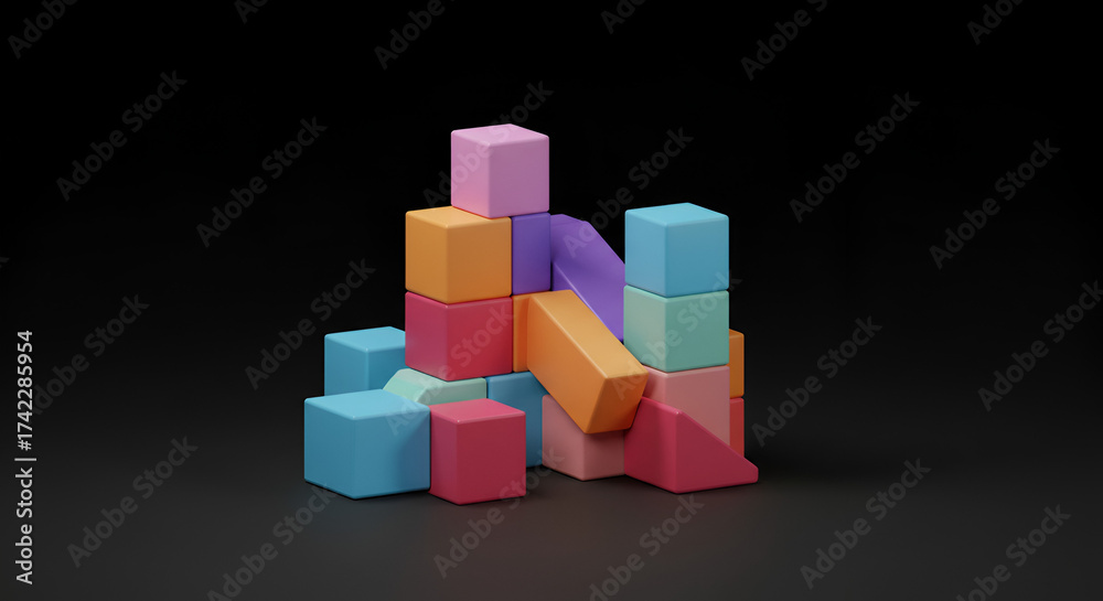Fototapeta premium Abstract arrangement of colorful geometric shapes, blocks on a dark background