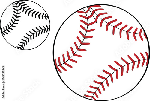 Two baseballs, one large with red stitching and one smaller outline with black stitching, on a white background.