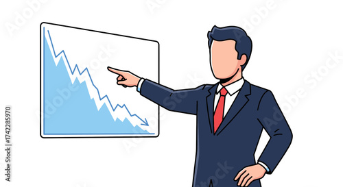 Business professional pointing at a downward trend graph financial crisis.