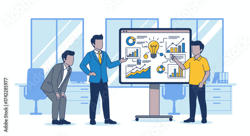 Business presentation with charts and graphs three men discussing ideas.