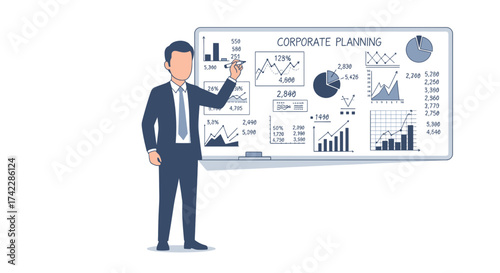 Business presentation of a corporate planning strategy with charts and graphs.