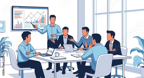 Business team meeting discussing financial data and strategy with presentation.