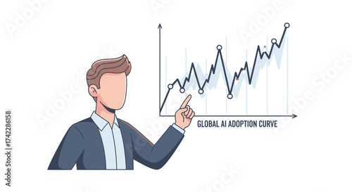 Business professional pointing at a graph showing global AI adoption curve.