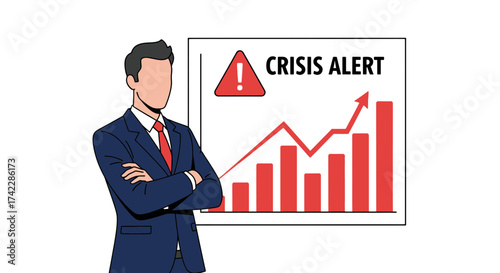 Businessman in a suit with arms crossed in front of a crisis alert graph.