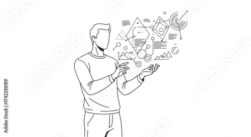 Man presenting data visualization with geometric shapes and lines.