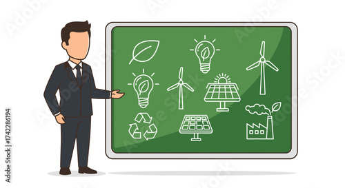 Man presenting green energy and environmental conservation on a chalkboard.
