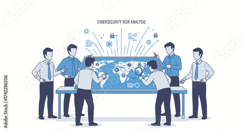 Cybersecurity risk analysis team meeting data protection and digital security.