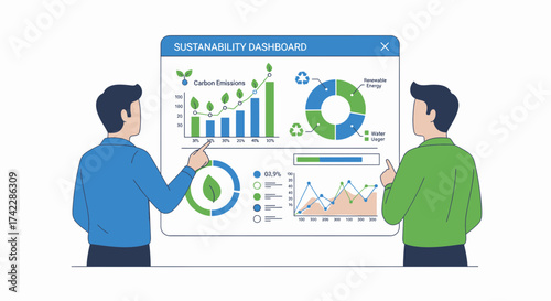 Sustainability dashboard presentation with carbon emissions and renewable energy data visualization.
