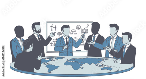 Business meeting discussing global energy and environmental solutions.