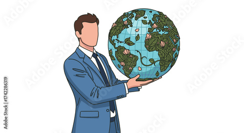 Man in a suit holding a globe with plants and flowers.