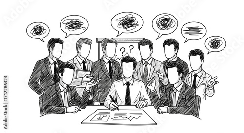 Business meeting with people discussing and brainstorming ideas with question marks.