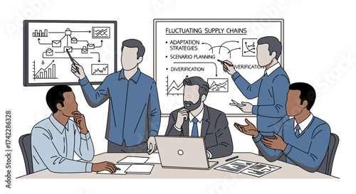 Business team discussing fluctuating supply chains and adaptation strategies.