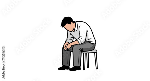 Man sitting on a stool with his head down looking sad and depressed.