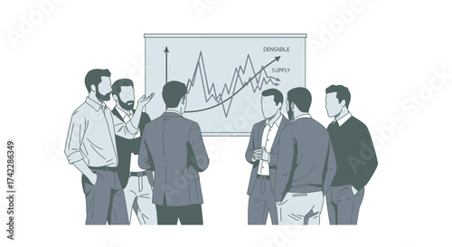 Business team meeting around a presentation board discussing supply and demand.