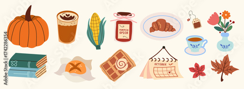 Autumn vector elements set. Cozy fall stickers. Leaves, pumpkin ,flowers, croissant, tea, drink, coffee, maple. The inscription hello fall. Isolated background. Illustration in the cartoon style.