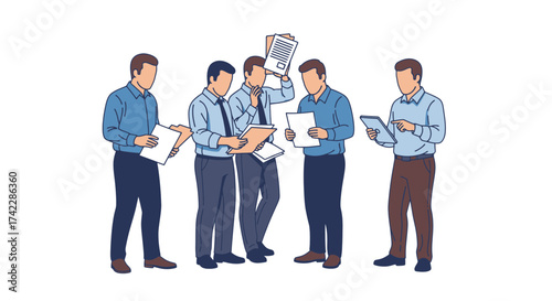 Business team members discussing documents and using technology for collaboration.