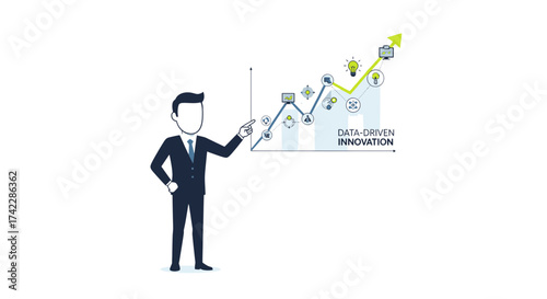 Datadriven innovation business man pointing at graph with upward trend.