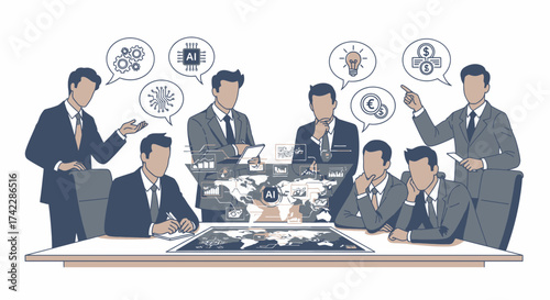 Business team meeting discussing AI and financial strategies for global market.