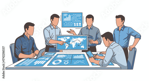 Business team meeting around a table with data analysis and charts.