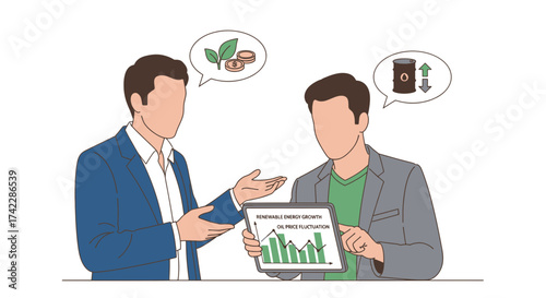 Business discussion on renewable energy and oil price fluctuations.