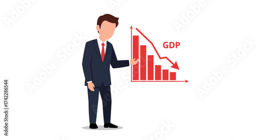 Economic downturn concept with businessman and decreasing GDP graph.