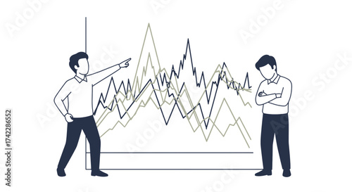 Business meeting analysis of financial data with two people pointing at the graph.