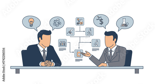 Business meeting discussing scientific research and development.