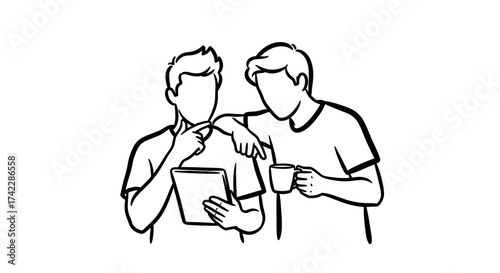 Two men looking at a tablet and drinking coffee.