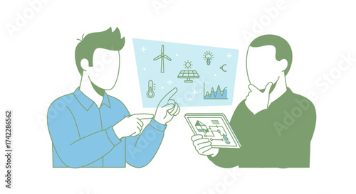 Two men discussing renewable energy and smart home technology.