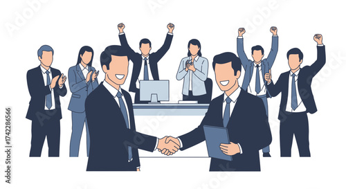 Business team celebrating success after deal handshake with colleagues.