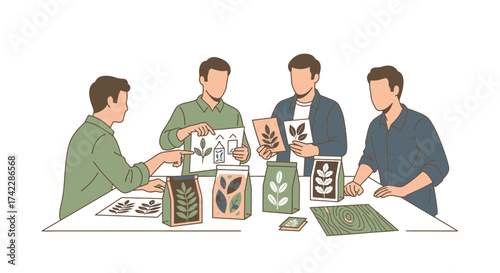 Team of designers discussing packaging design ideas for tea products.