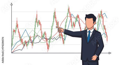 Businessman presenting stock market data and financial investment analysis.