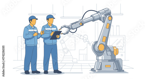 Two engineers inspecting a robotic arm in a factory setting.