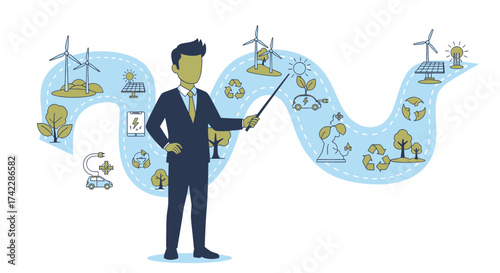 Environmental sustainability presentation with a businessman pointing at the diagram.