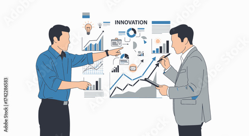 Business professionals discussing innovation and growth strategies with charts and graphs.