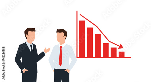 Businessmen discussing financial decline with a downward trend graph.
