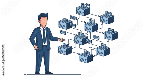 Businessman presenting a complex data flow diagram with interconnected blocks.