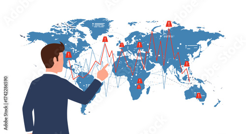 Business analyst pointing at a world map with a red graph and warning signs.