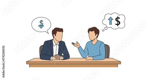 Business meeting discussing financial matters with downward and upward trends.