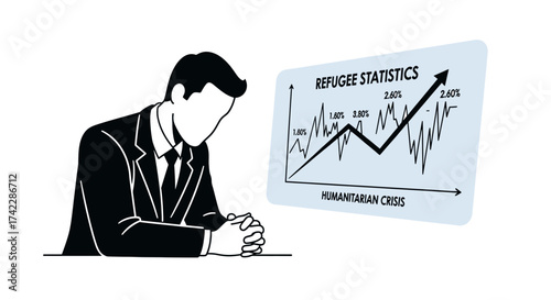 Man in a suit looking at a graph about refugee statistics and humanitarian crisis.