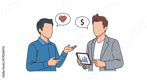 Two men discussing health and finance with speech bubbles and a tablet.