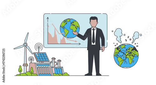 Environmental protection and renewable energy concept with businessman.