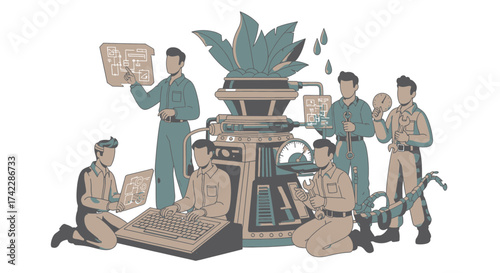 Team of engineers working on a complex machine with blueprints and tools.