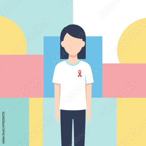 Minimalist illustration of a person wearing a white t-shirt with a red awareness ribbon, symbolizing support and health, against a pastel geometric background.